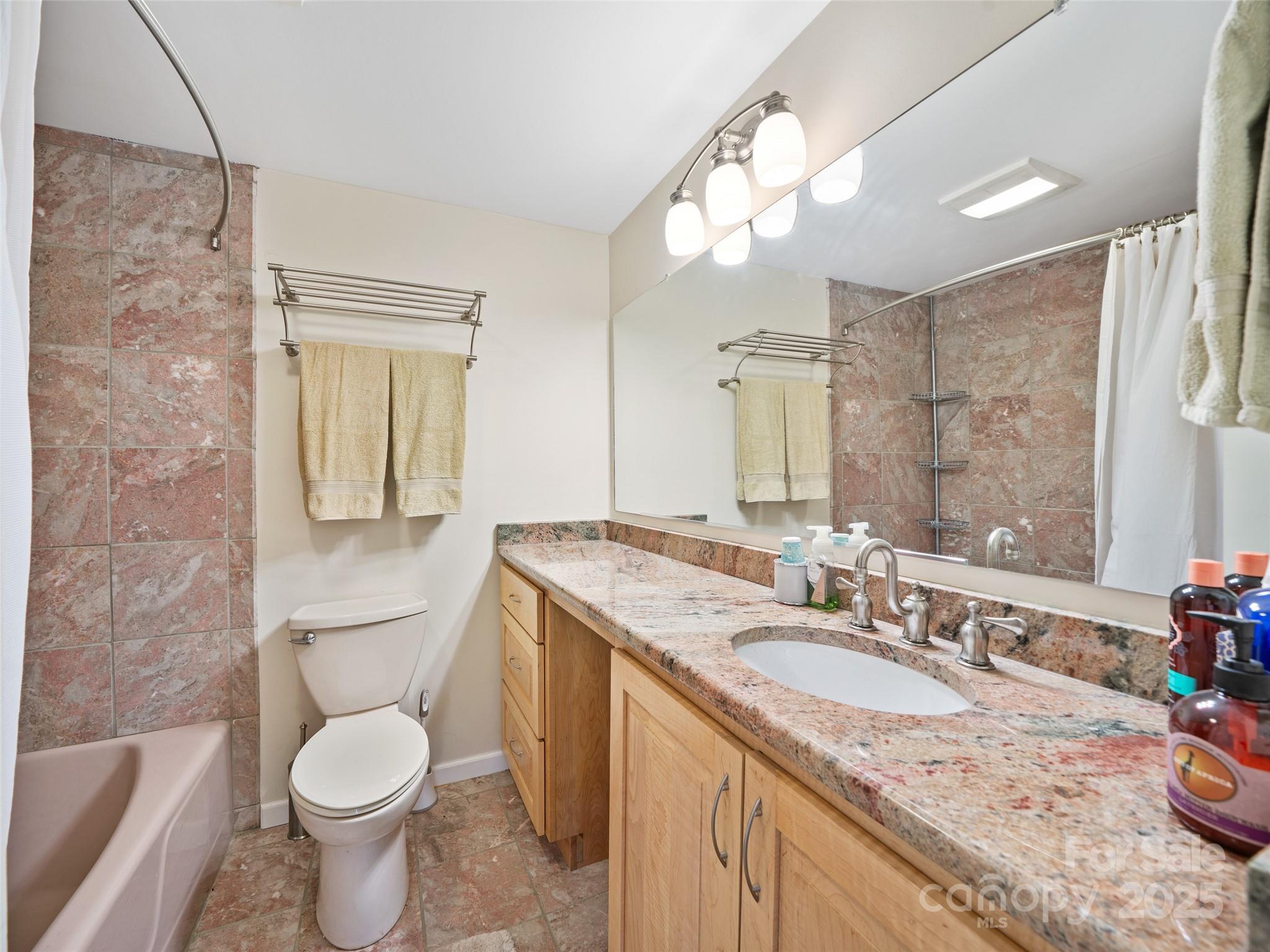 19 Old Patton Hill Road Swannanoa, NC 28778 - Photo 16 of 44 a bathroom with a granite countertop toilet sink and mirror