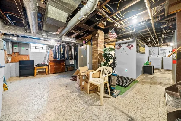 a view of a garage with table