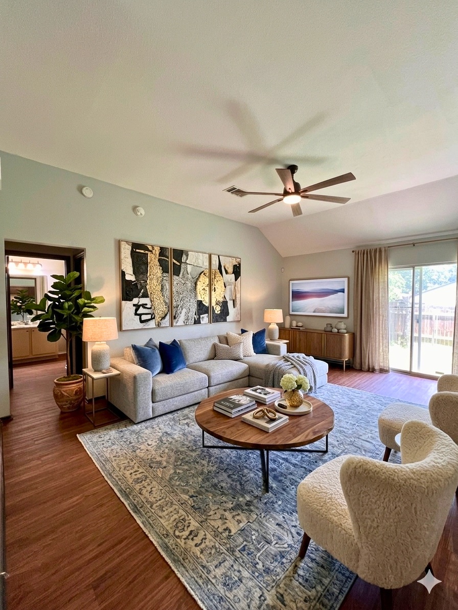 5404 China Berry Road Austin, TX 78744 - Photo 8 of 20 Hardwood floors and a vaulted ceiling elevate this comfortable living space.