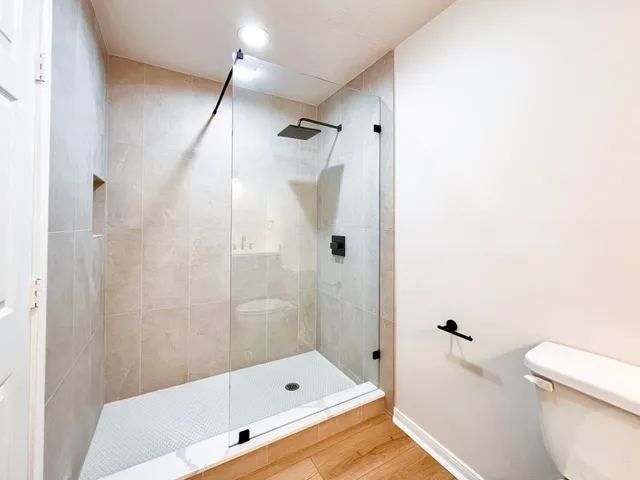 a bathroom with a shower and a toilet