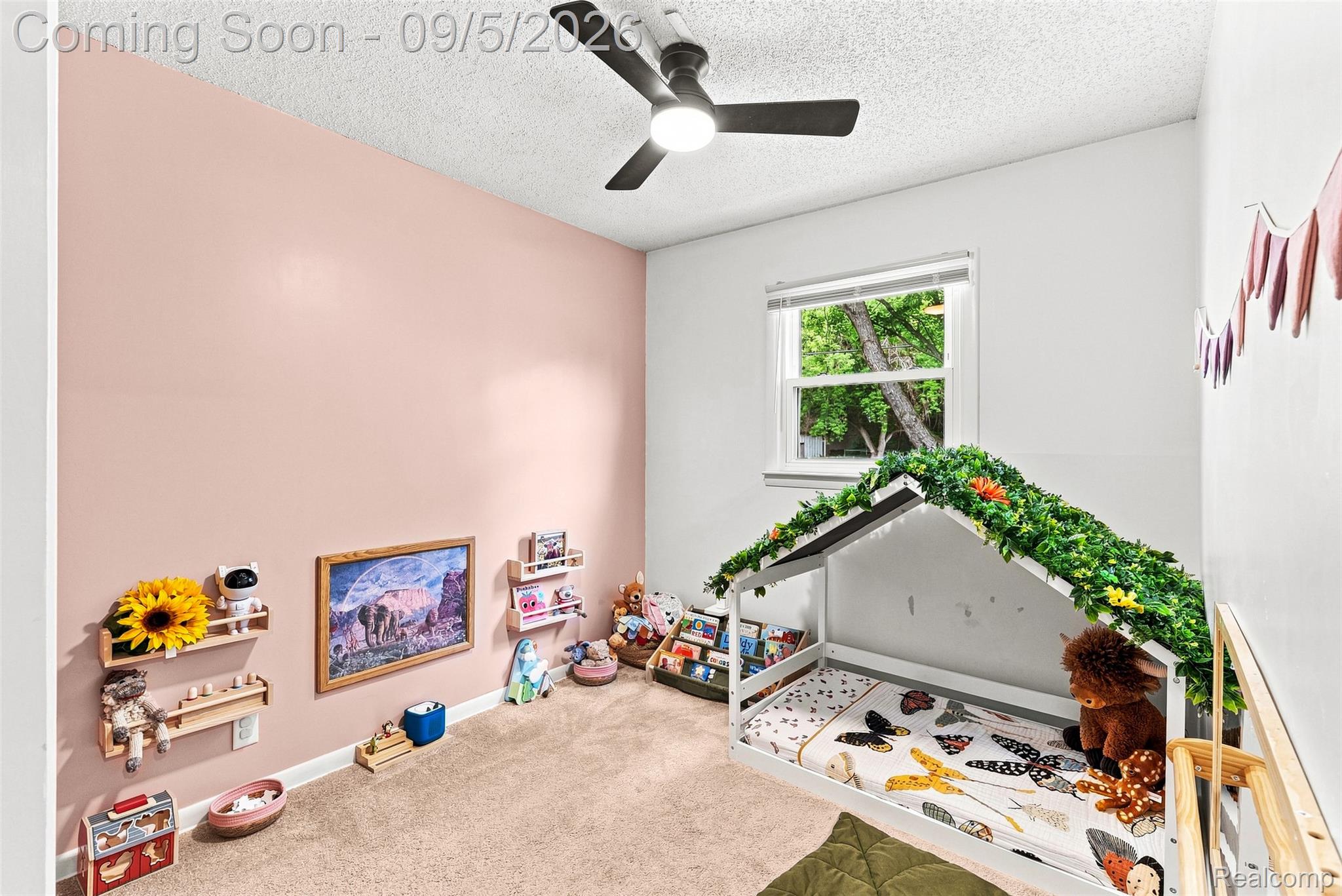 2071 East Dodge Road Clio, MI 48420 - Photo 29 of 38 Recessed window with exterior greenery, textured ceiling, ceiling fan with integrated lighting, wall-to-wall carpeting, and painted walls