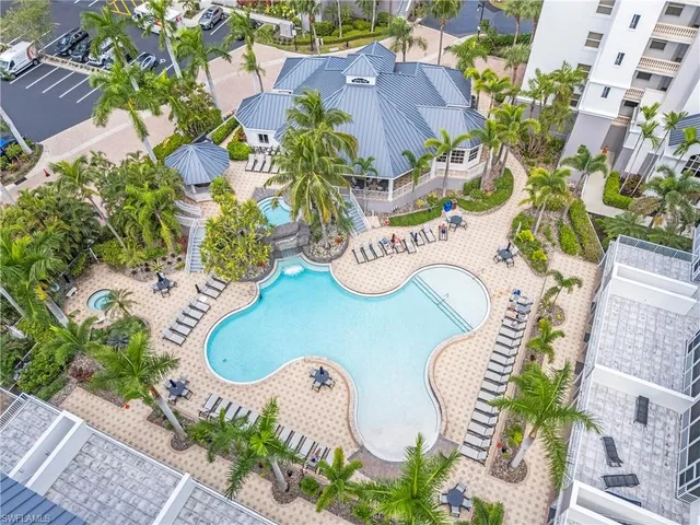 an aerial view of a swimming pool