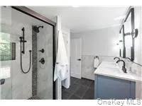 a bathroom with a sink mirror and shower