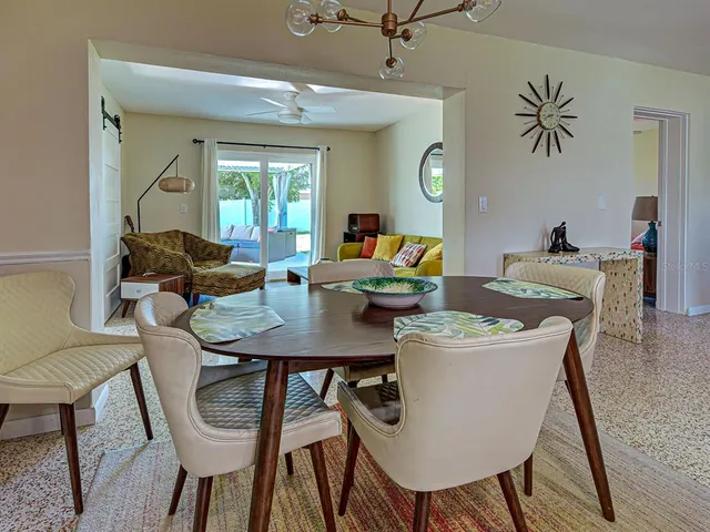 a view of a dining room with furniture and window