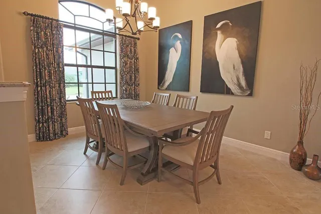 a view of a dining room with furniture and window