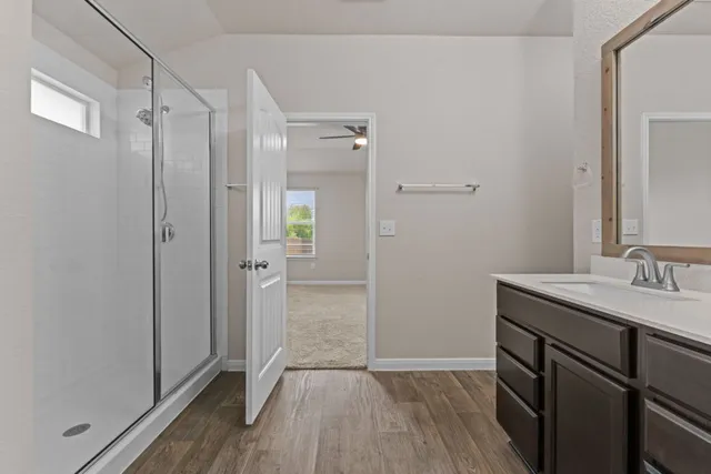 a bathroom with a sink and a mirror
