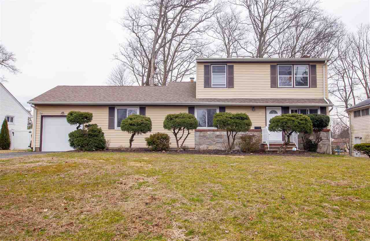 a view of a house with a yard and a large tree