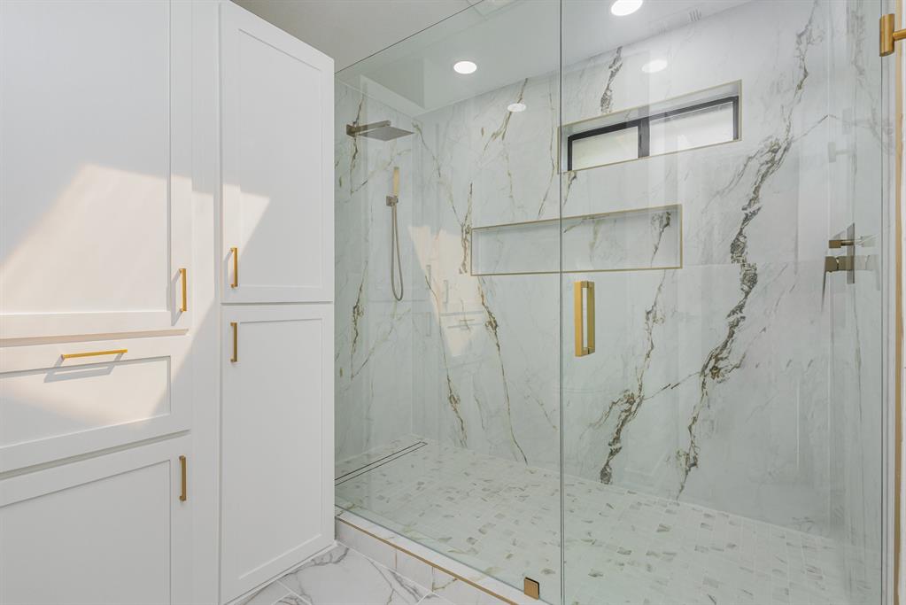 922 Sycamore Creek Road Allen, TX 75002 - Photo 28 of 38 Full bathroom with a marble finish shower, recessed lighting, and marble finish flooring
