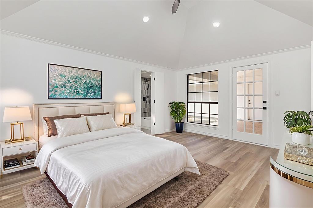 922 Sycamore Creek Road Allen, TX 75002 - Photo 7 of 38 Bedroom with light wood-style flooring, ornamental molding, recessed lighting, ceiling fan, and ensuite bathroom