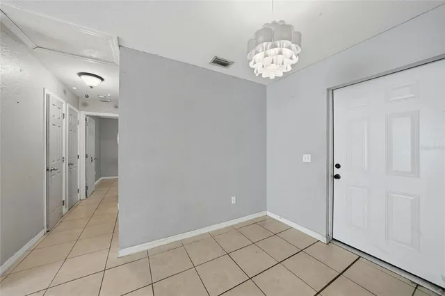 a view of a chandelier in a room