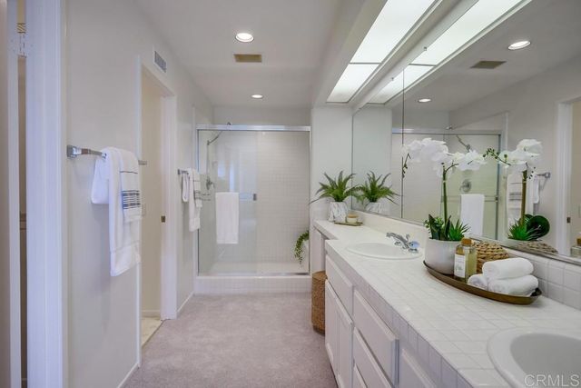 a bathroom with a sink a mirror and a shower