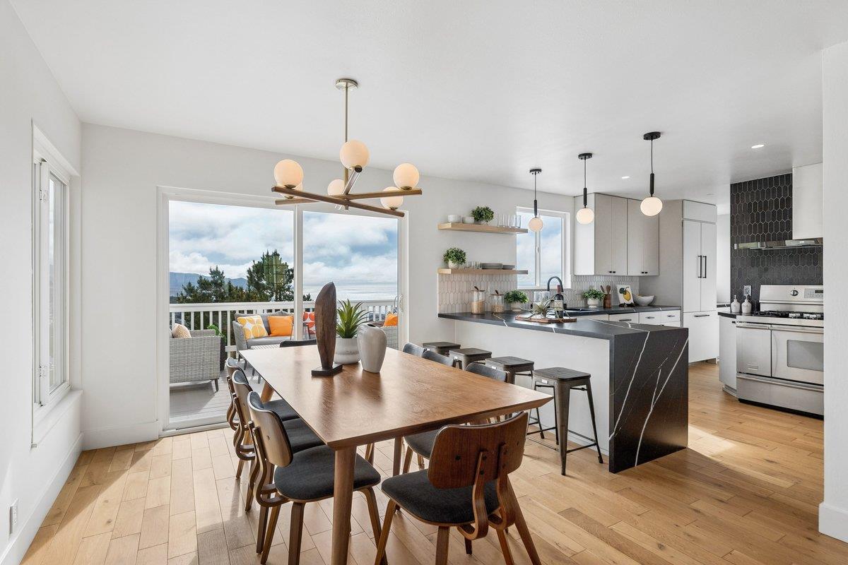 170 Beachview Avenue Pacifica, CA 94044 - Photo 41 of 85 a dining room with stainless steel appliances kitchen island granite countertop a dining table chairs and kitchen view