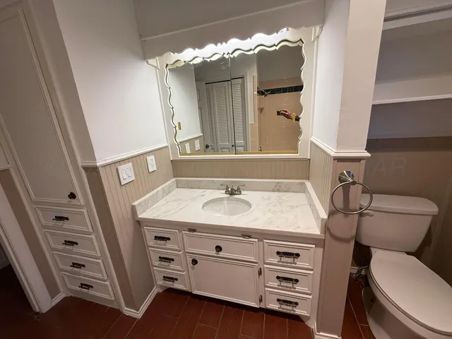 a bathroom with a sink toilet and mirror