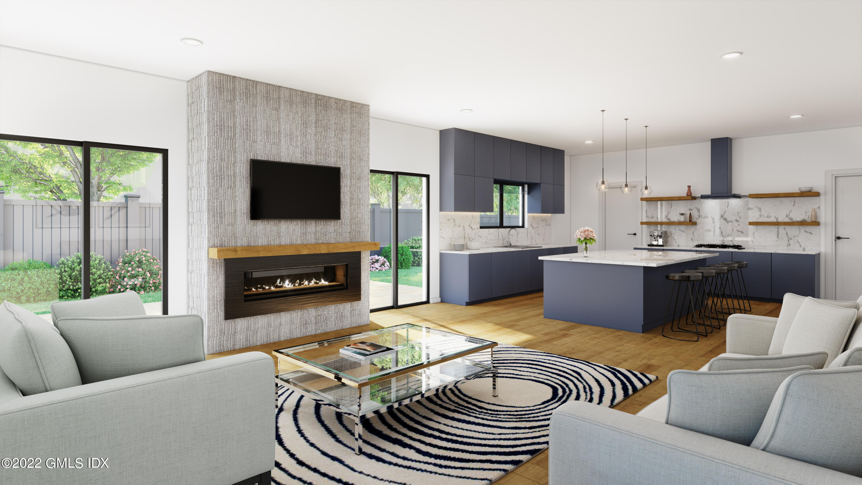 18 Bramble Lane Riverside, CT 06878 - Photo 2 of 5 a living room with furniture a fireplace and a flat screen tv