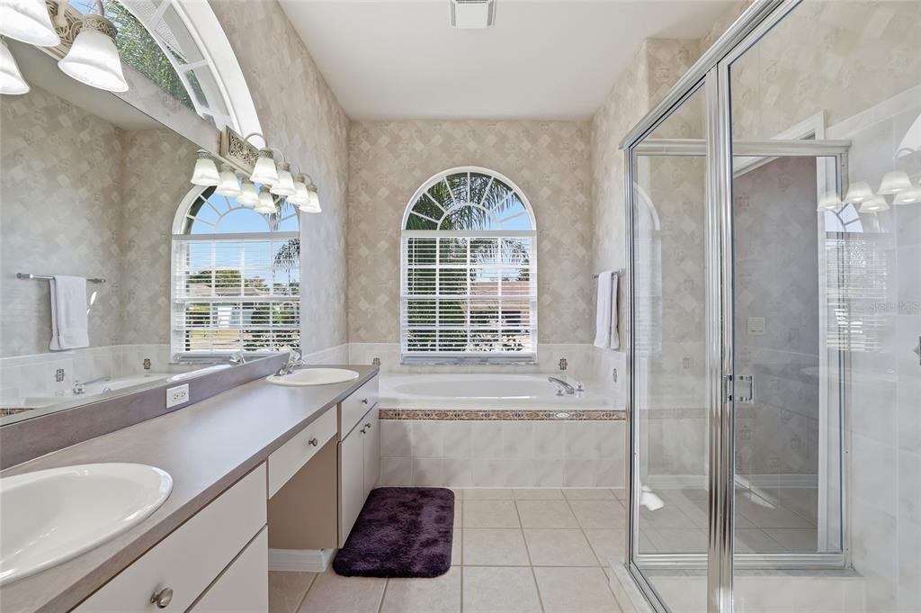 3521 Conifer Loop Spring Hill, FL 34609 - Photo 36 of 71 a spacious bathroom with a sink a large mirror and a bathtub with shower