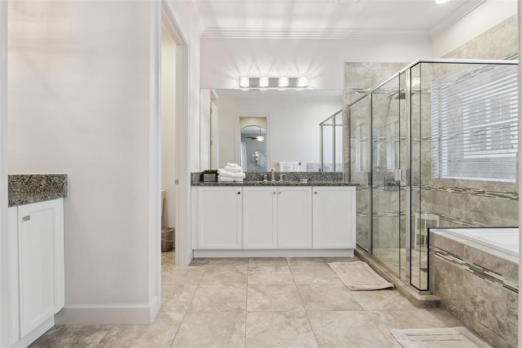 7423 Sparkling Court Reunion, FL 34747 - Photo 21 of 62 a bathroom with a granite countertop sink a mirror and a shower