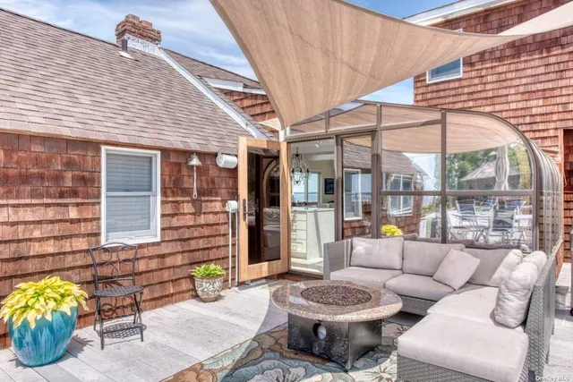 a building outdoor space with patio furniture