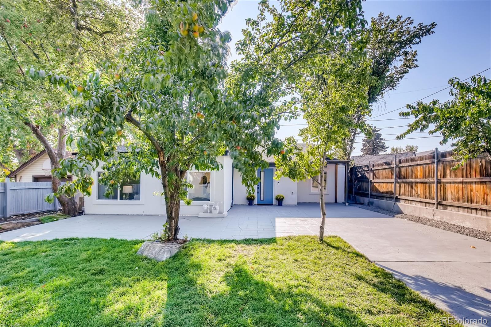 a backyard of a house with fountain plants and trees