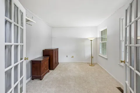 a living room with furniture and a potted plant next to a window