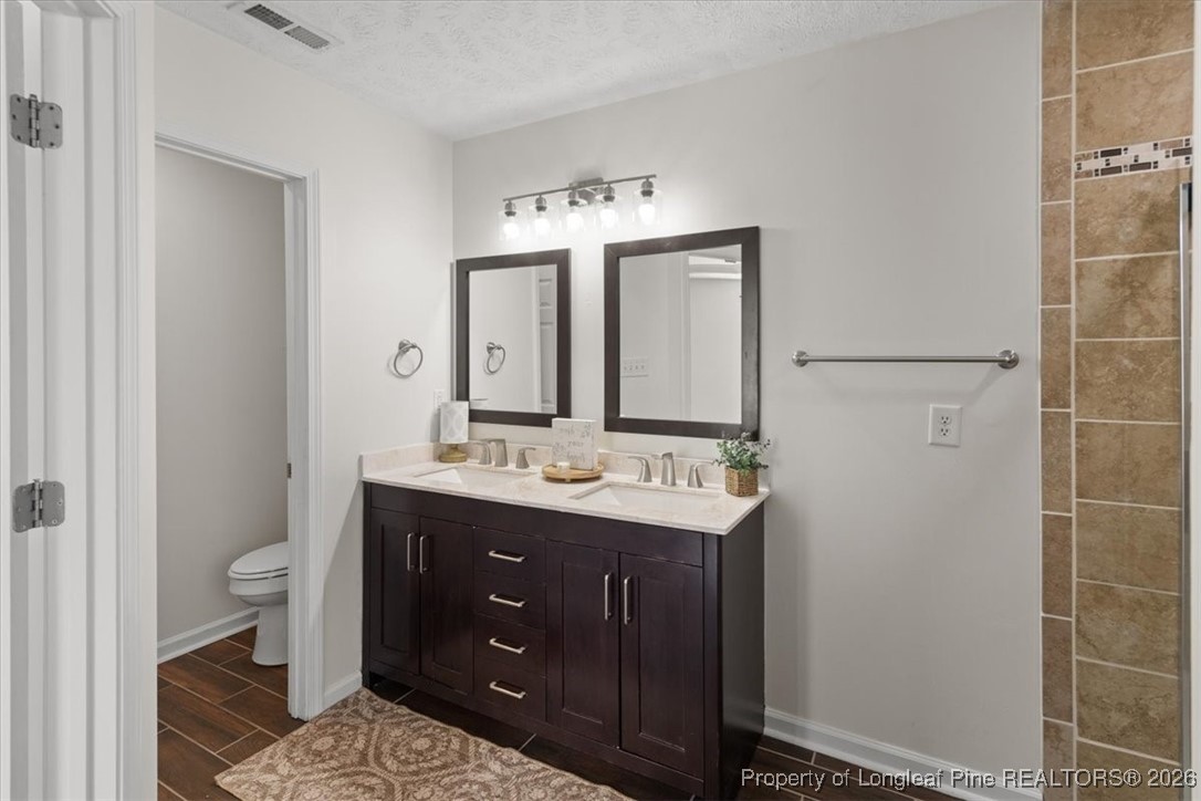 6649 Hillbrook Road Hope Mills, NC 28348 - Photo 23 of 37 a bathroom with a toilet a sink and mirror
