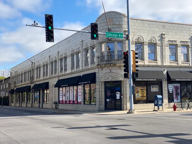 a view of a brick building with a large windows