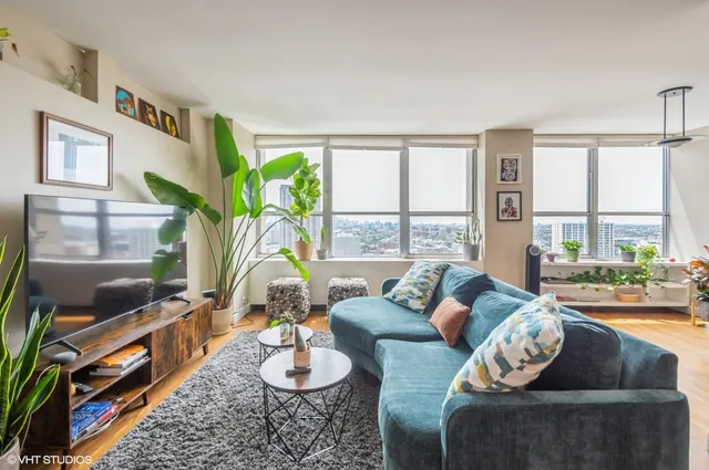 a living room with furniture and a potted plant