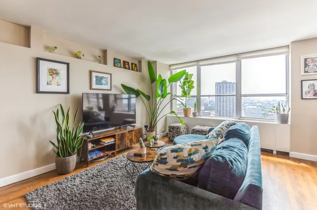 a living room with furniture and a potted plant
