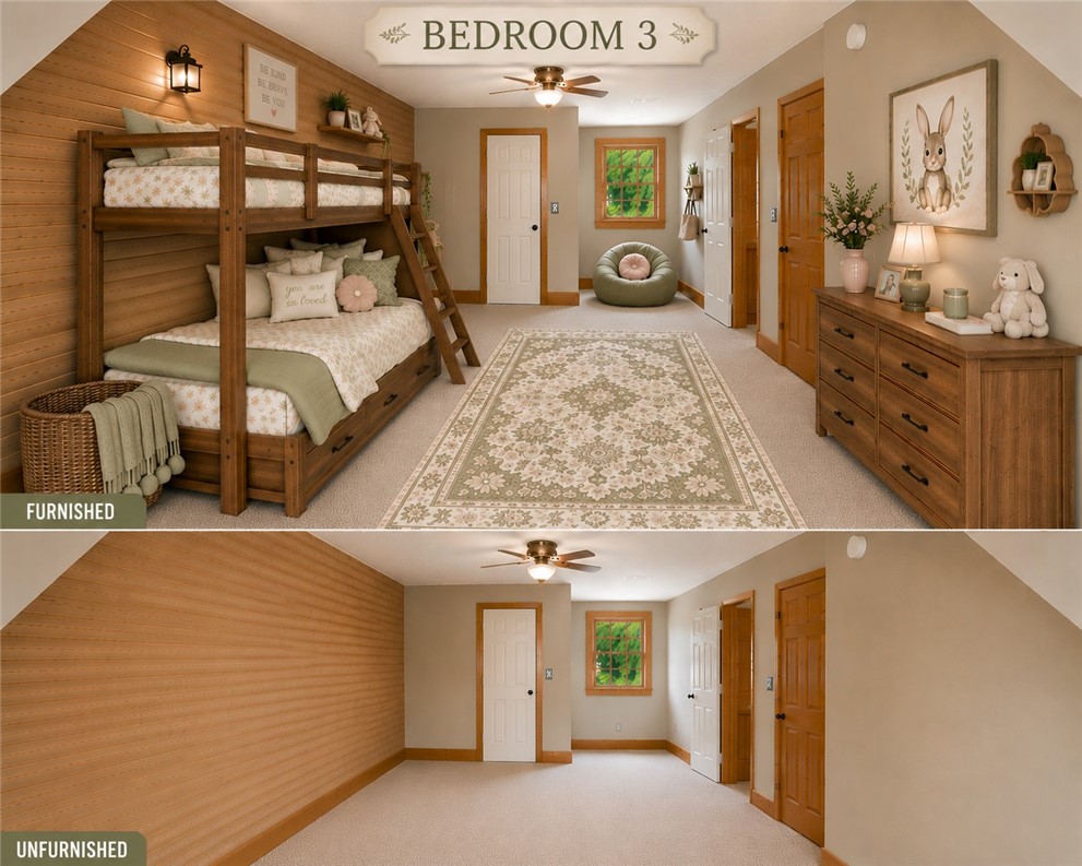 414 Devon Way Anderson, SC 29621 - Photo 29 of 50 A cheerful children's bedroom features warm wood paneling, a bunk bed, and a decorative area rug.