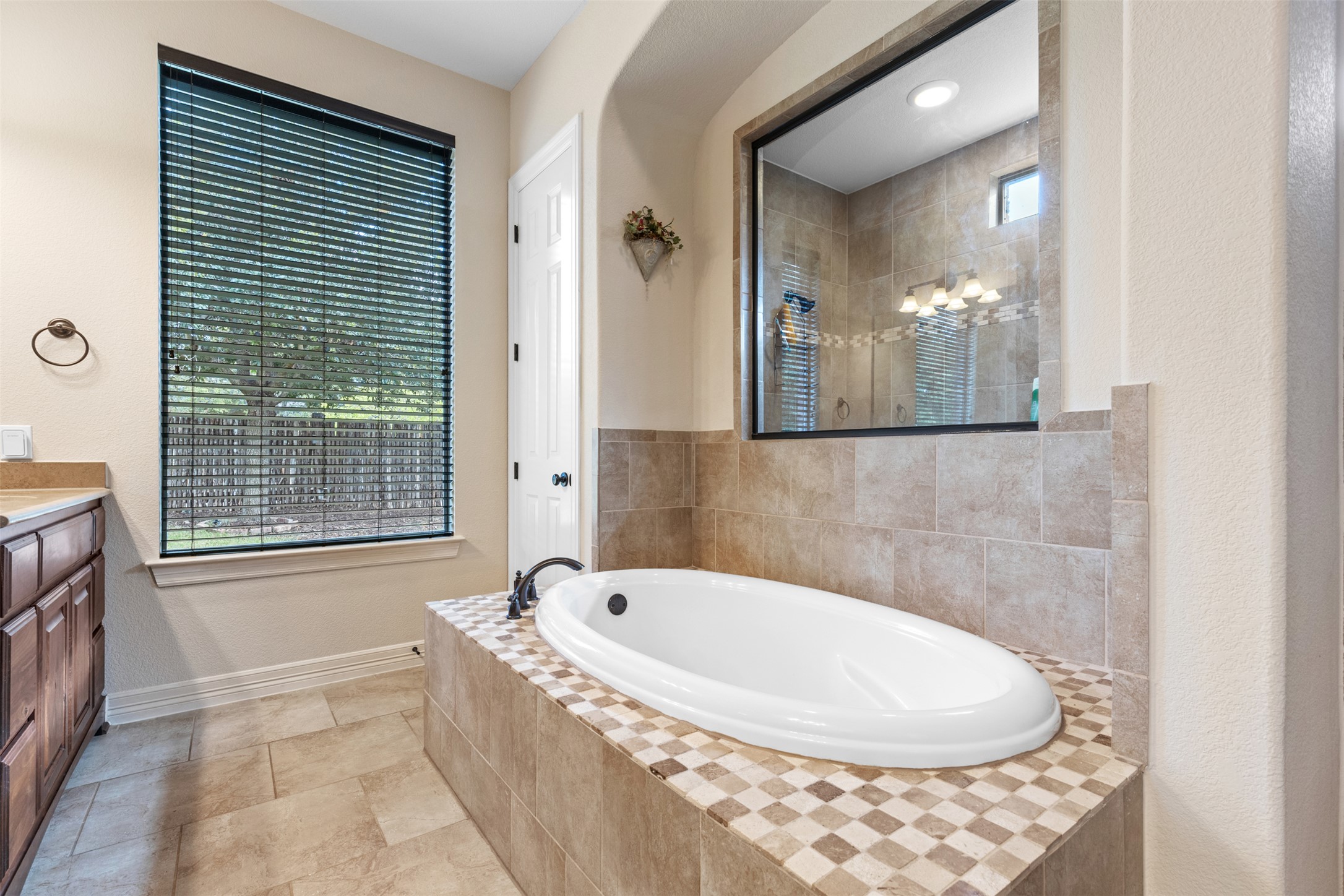 1916 Buffalo Speedway Leander, TX 78641 - Photo 20 of 31 a bathroom with a tub a window and a mirror
