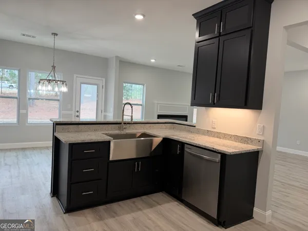 a kitchen with a sink cabinets and wooden floor