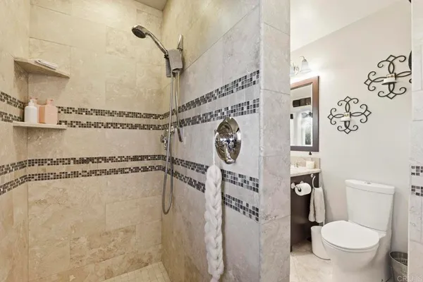 a bathroom with a toilet and a shower