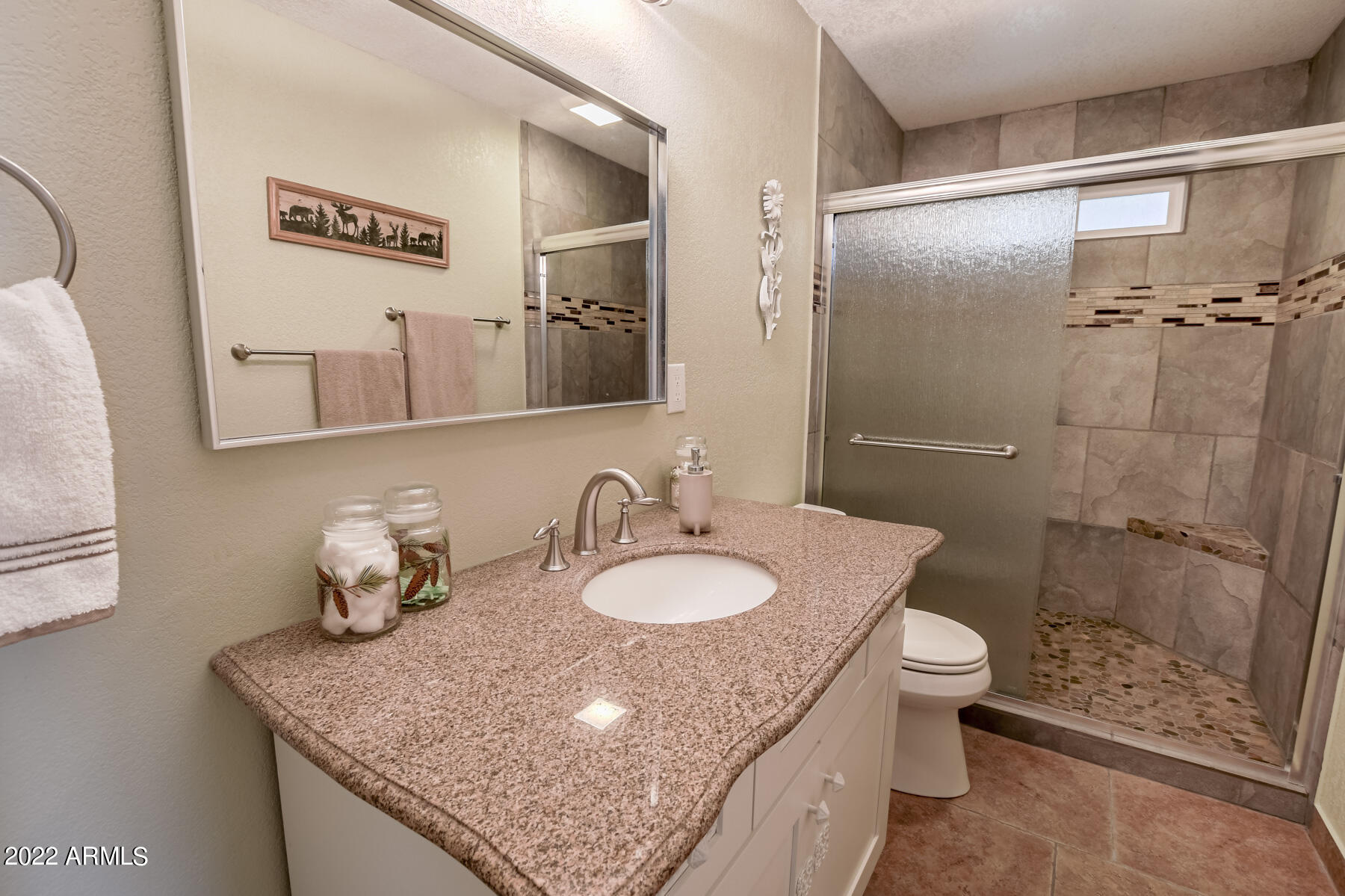 6175 Sutter Drive Lakeside, AZ 85929 - Photo 22 of 38 a bathroom with a granite countertop sink a toilet and shower