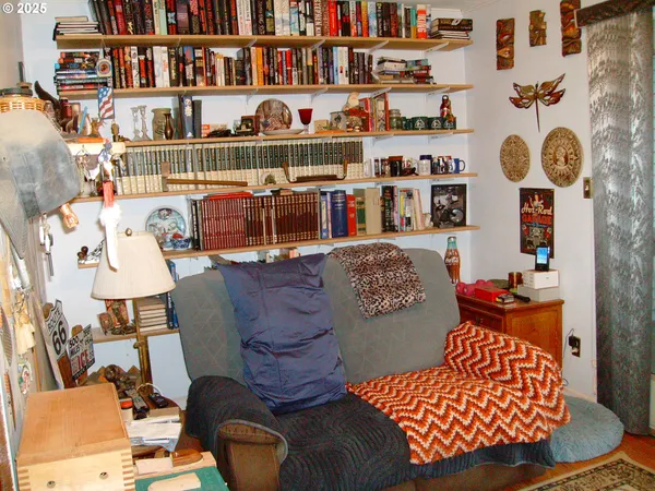 a rug books and a book shelf