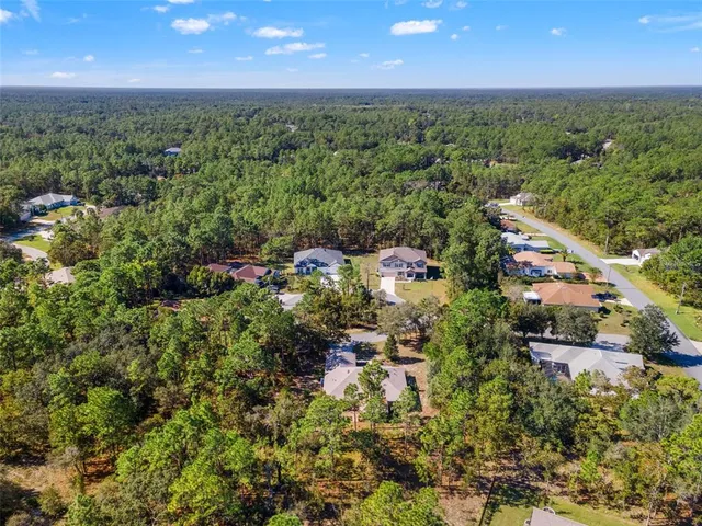 an aerial view of residential house with outdoor space and trees all around