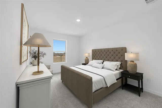 a bedroom with a bed and a couch