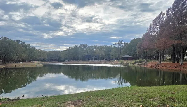 a view of a lake with a yard