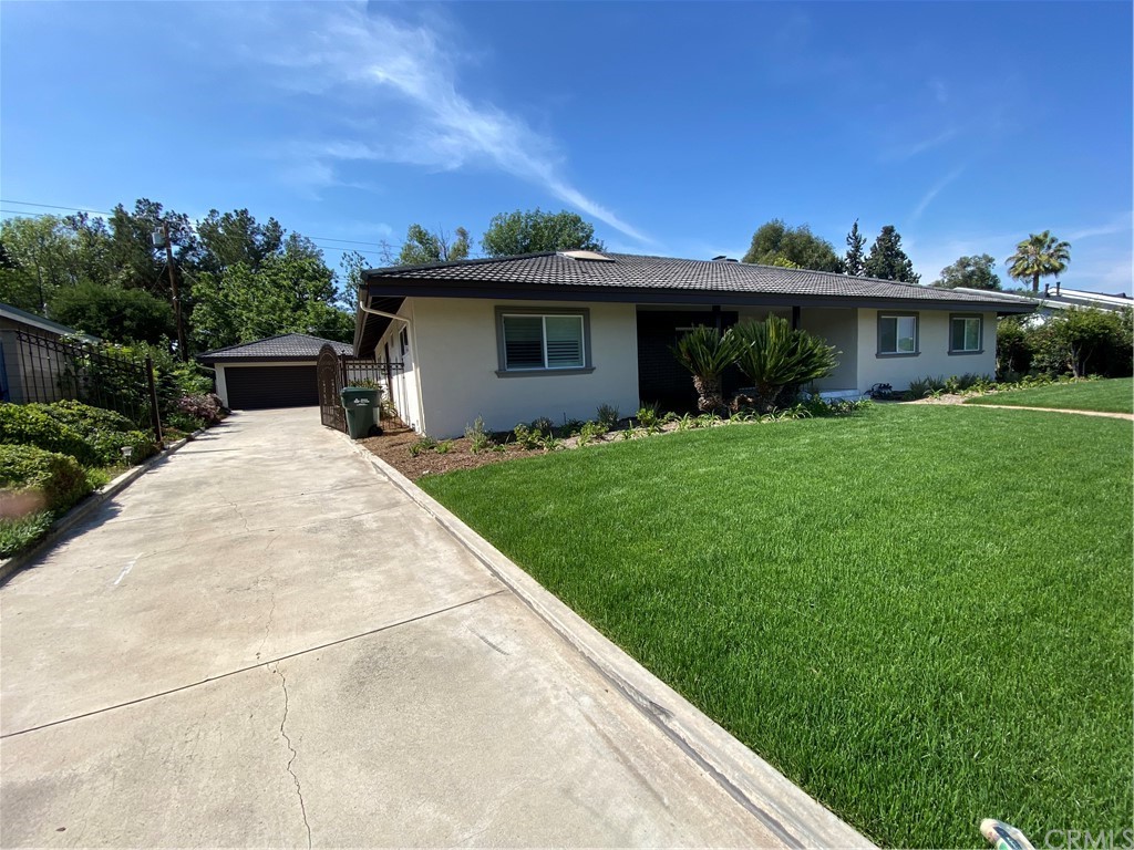 a view of a yard in front of a house with a large tree