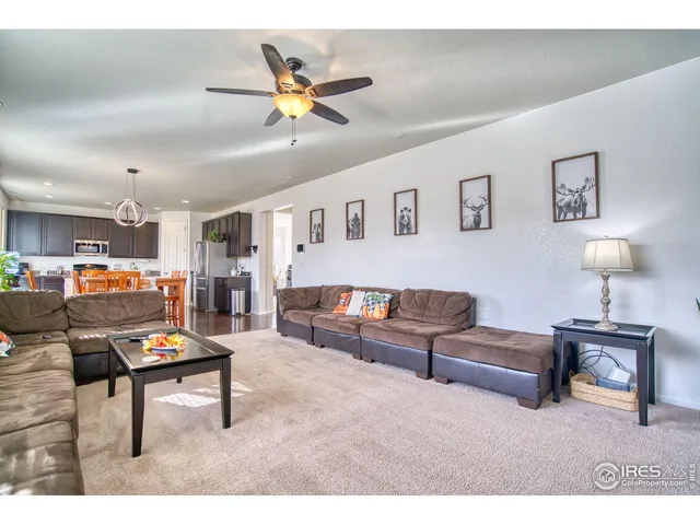 a living room with furniture and a lamp
