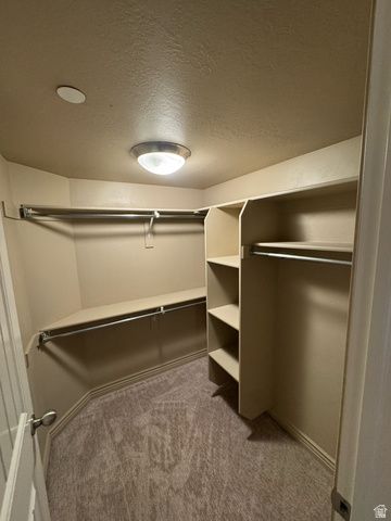 909 South Main Street, Unit F Layton, UT 84041 - Photo 10 of 20 Walk-in closet featuring built-in shelving, chrome hanging rods, and neutral-toned carpeting