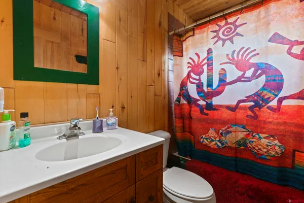 a bathroom with a sink toilet and shower curtain