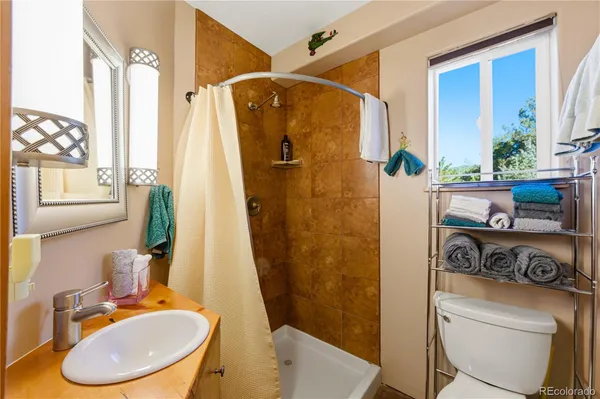 a bathroom with a sink a toilet and shower