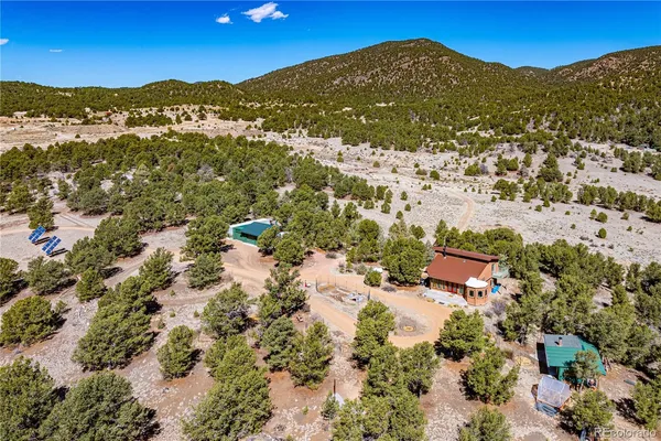 an aerial view of residential houses with outdoor space and trees