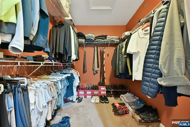 a view of walk in closet with clothes and shoes