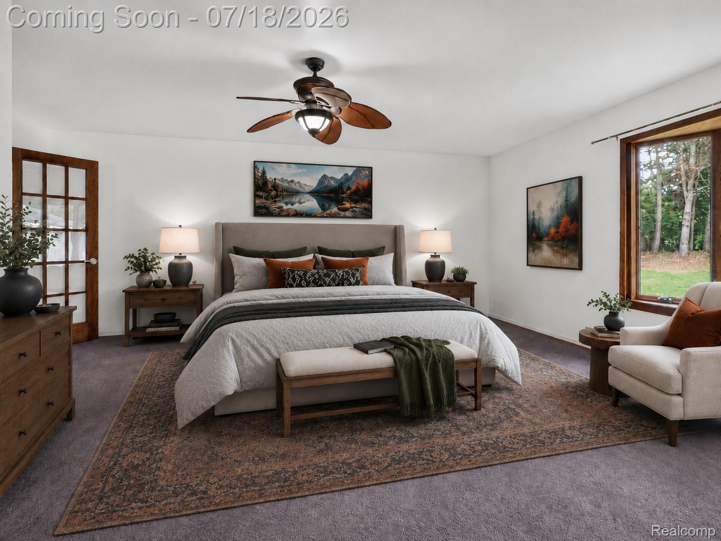 1437 East Cook Road Grand Blanc, MI 48439 - Photo 50 of 69 Spacious room featuring a wood-finish ceiling fan, French patio door, large window with wood trim, and wall-to-wall carpeting