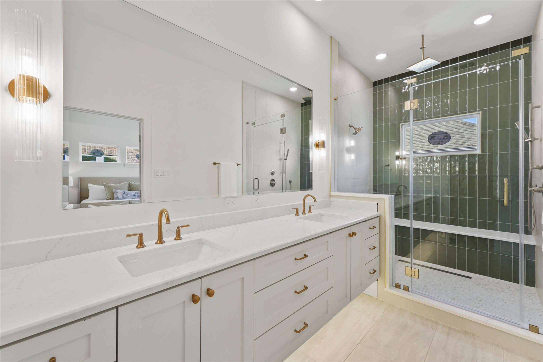 5407 Dickson Street Houston, TX 77007 - Photo 22 of 31 a bathroom with a shower sink double vanity and mirror