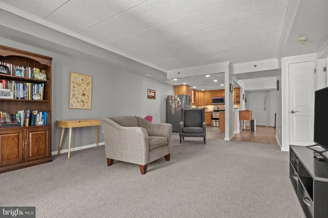 a living room with furniture and a book shelf