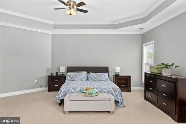 a bedroom with a bed and ceiling fan