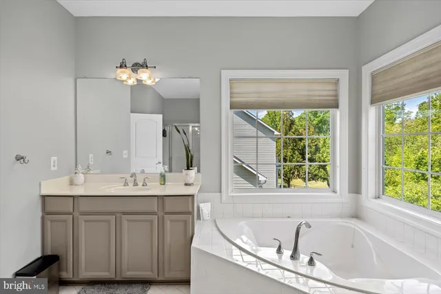 a bathroom with a tub sink and mirror