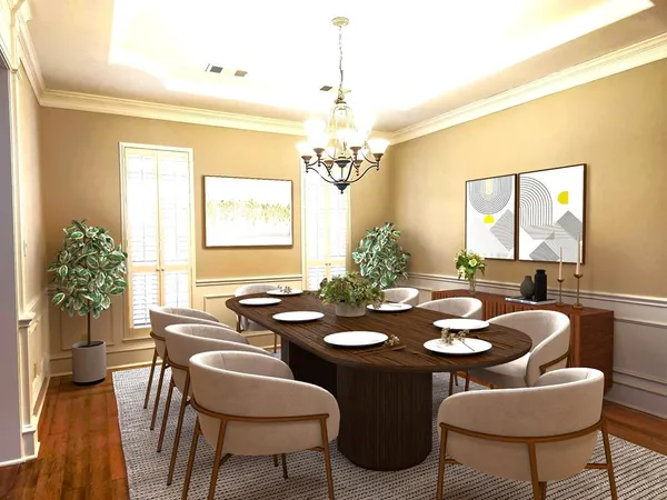 a dining room with wooden floor a chandelier a wooden table and chairs