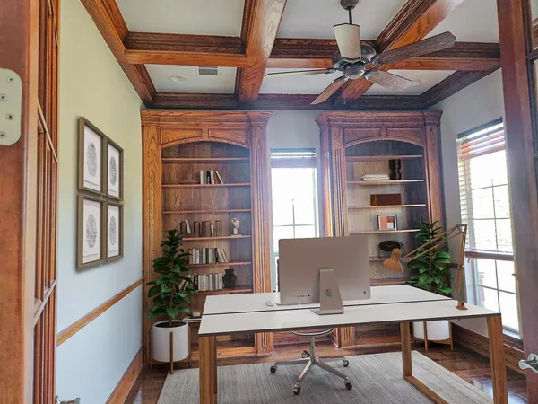 a workspace with furniture window and wooden floor